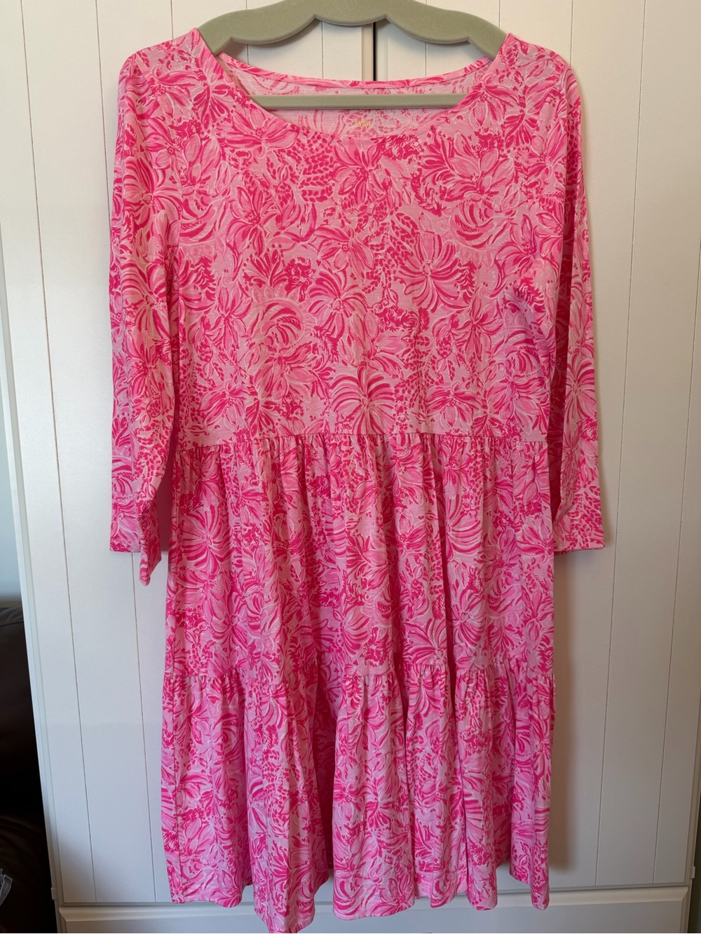 Lilly Pulitzer Hot Pink Floral Tiered 3/4 Sleeve Dress